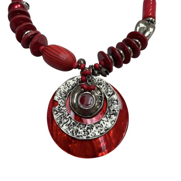 Women's FASHION NECKLACE & BRACELET Set RED BEADED 20" Long 2.5" Pendant - Picture 4 of 8